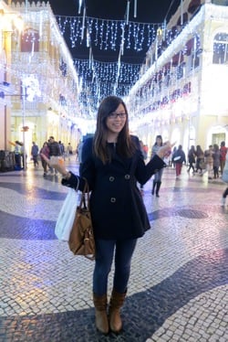 Angela under Street lights in Macau