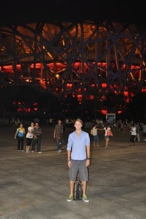 Jason admiring the night lights of Olympic Park in Beijing