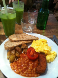 beans toast eggs sausage and green smoothie