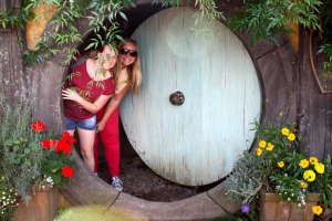 Katie visiting Hobbiton in New Zealand.