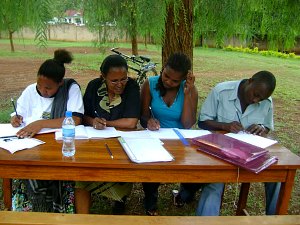 Small group working on grammar exercises