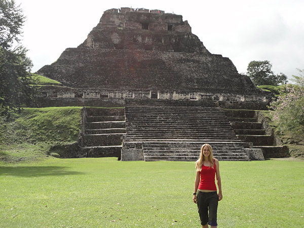 Fran at the amazing Mayan temple in Xunantunich