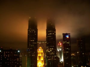 Buildings lit up in the night