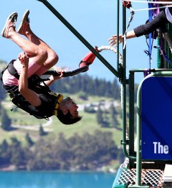 Harris doing a backflip off the Ledge Bungy in Queenstown.