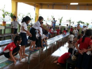 Playing on the top floor of school.