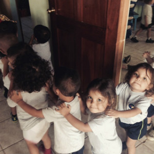 A group of students gathered. 