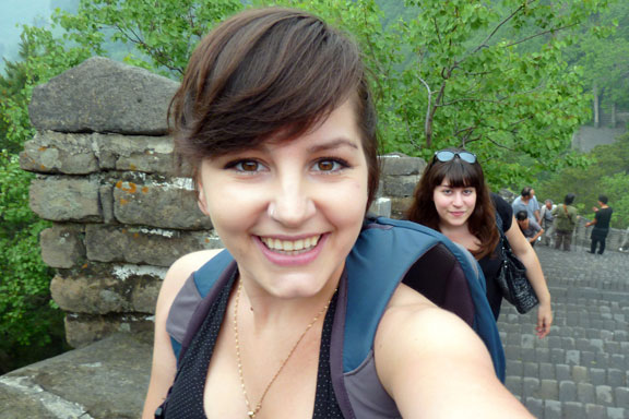 Laura trekking up the Great Wall of China with some friends
