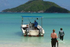 shallow waters of the beaches in the Seychelles