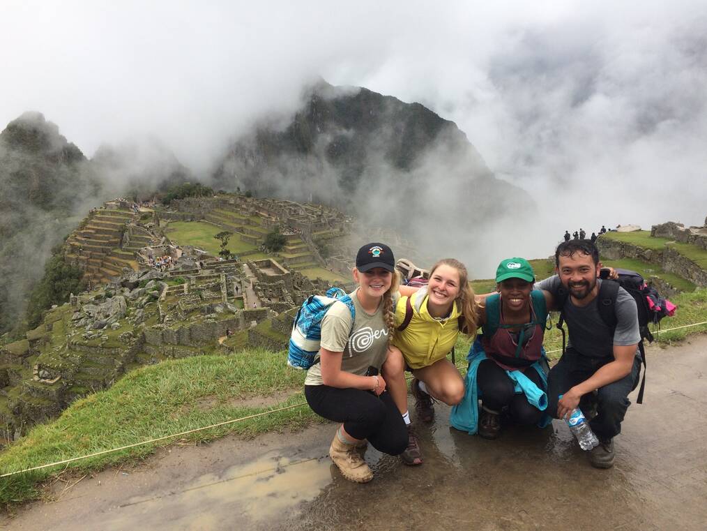 Group of friends in front of Machu Picchu.