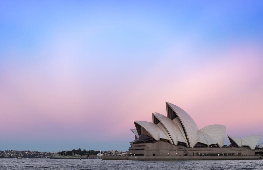Sydney Opera House, water, pink and blue sunset