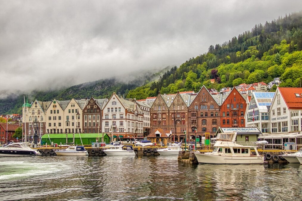 Buildings along a river in Norway.