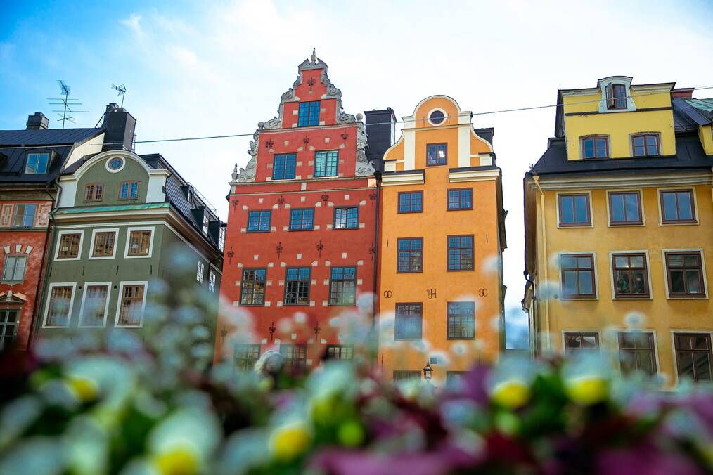 Red, orange, and yellow buildings