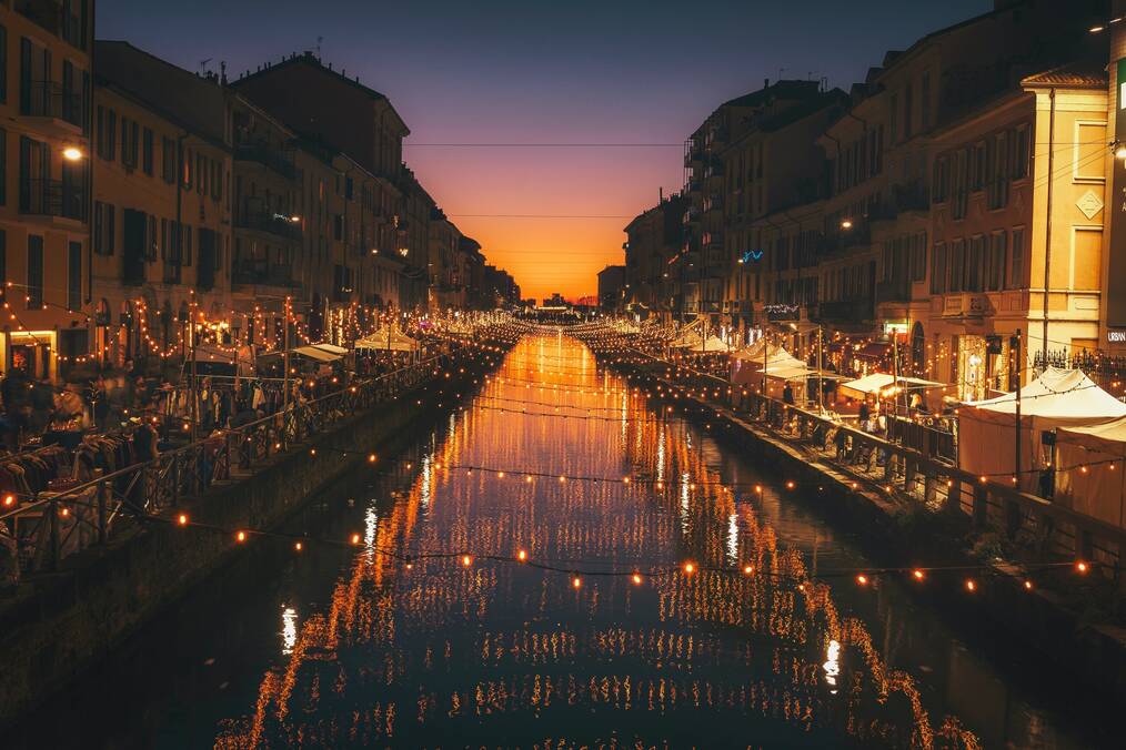 Lights over canal in Milan, Italy.