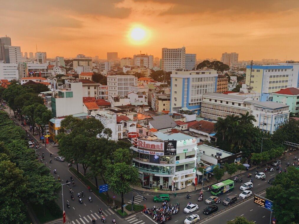 Aerial view of Saigon at sunset.