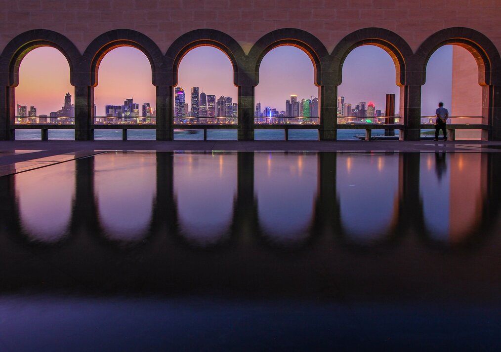 A view of the city at night in Qatar.