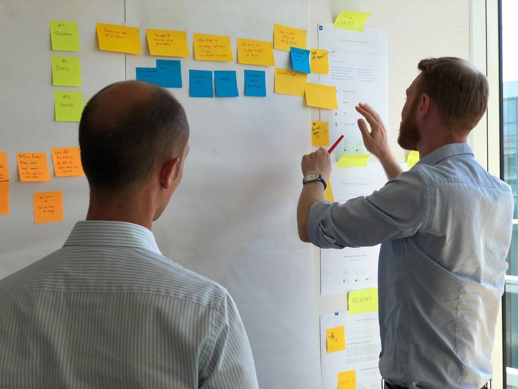Two men look at white board with post-it notes on it.