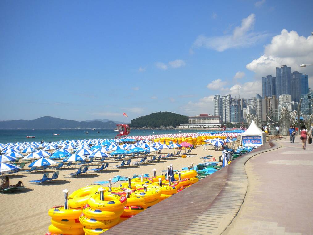 Umbrellas on a beach in Busan, South Korea.