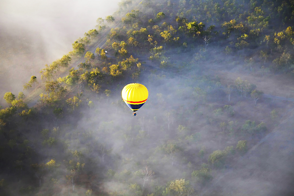 An aerial view of a hot air balloon in the Atherton Tablelands of Queensland