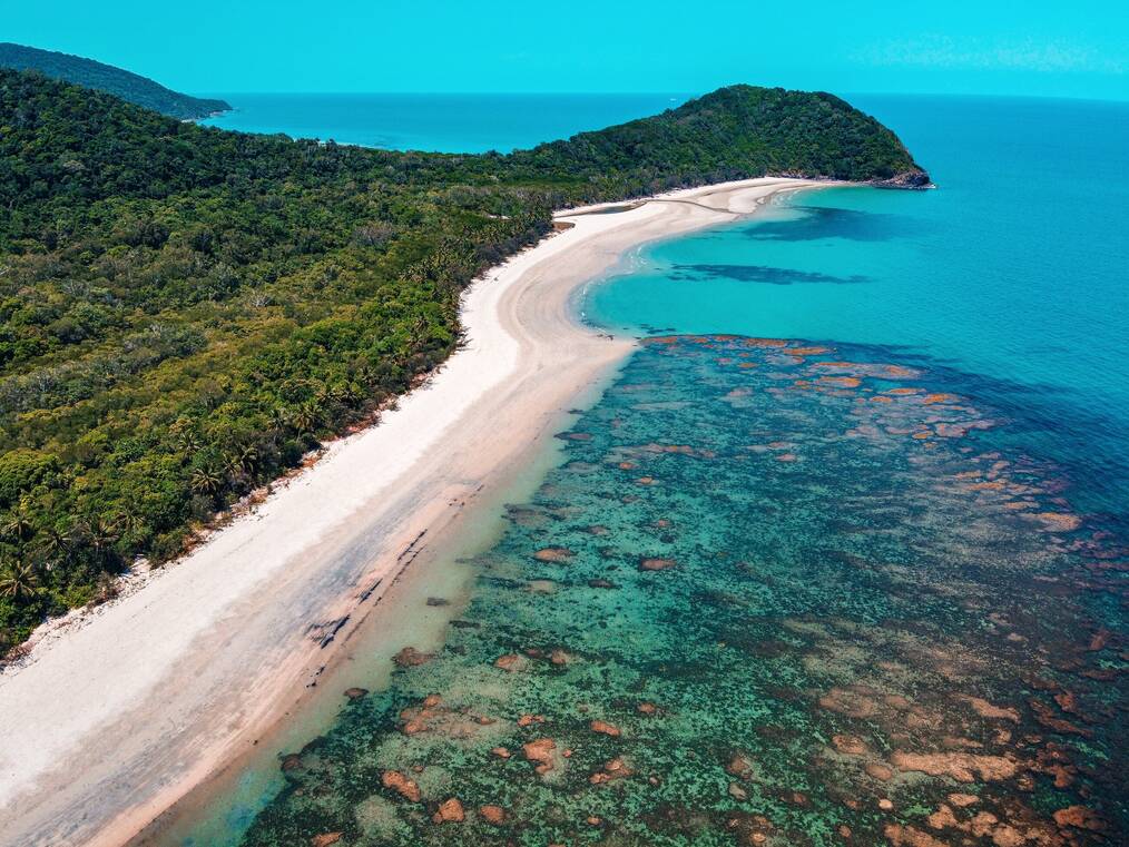 An aerial view of the Daintree Rainforest leading up to a stretch of white sand and beach
