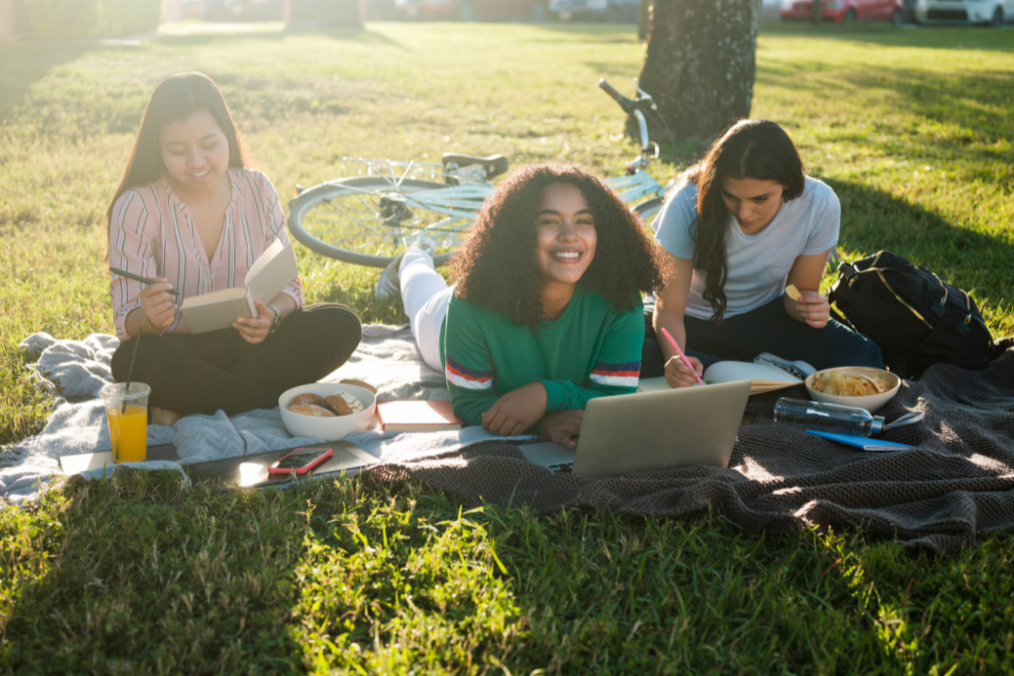 3 friends studying together on the grass