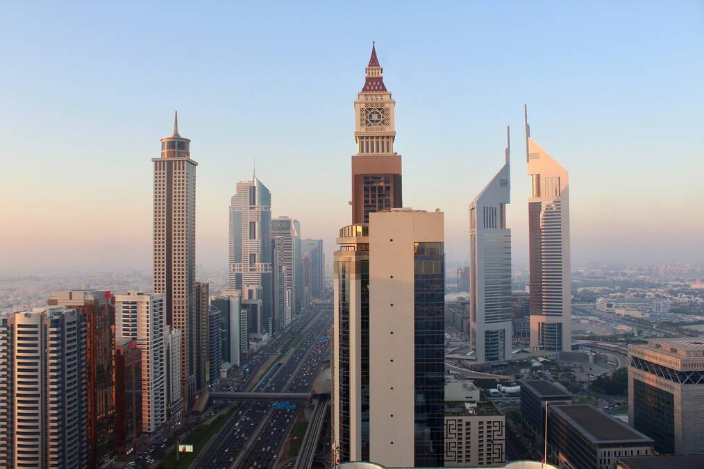 A cityscape of high rise buildings in the United Arab Emirates