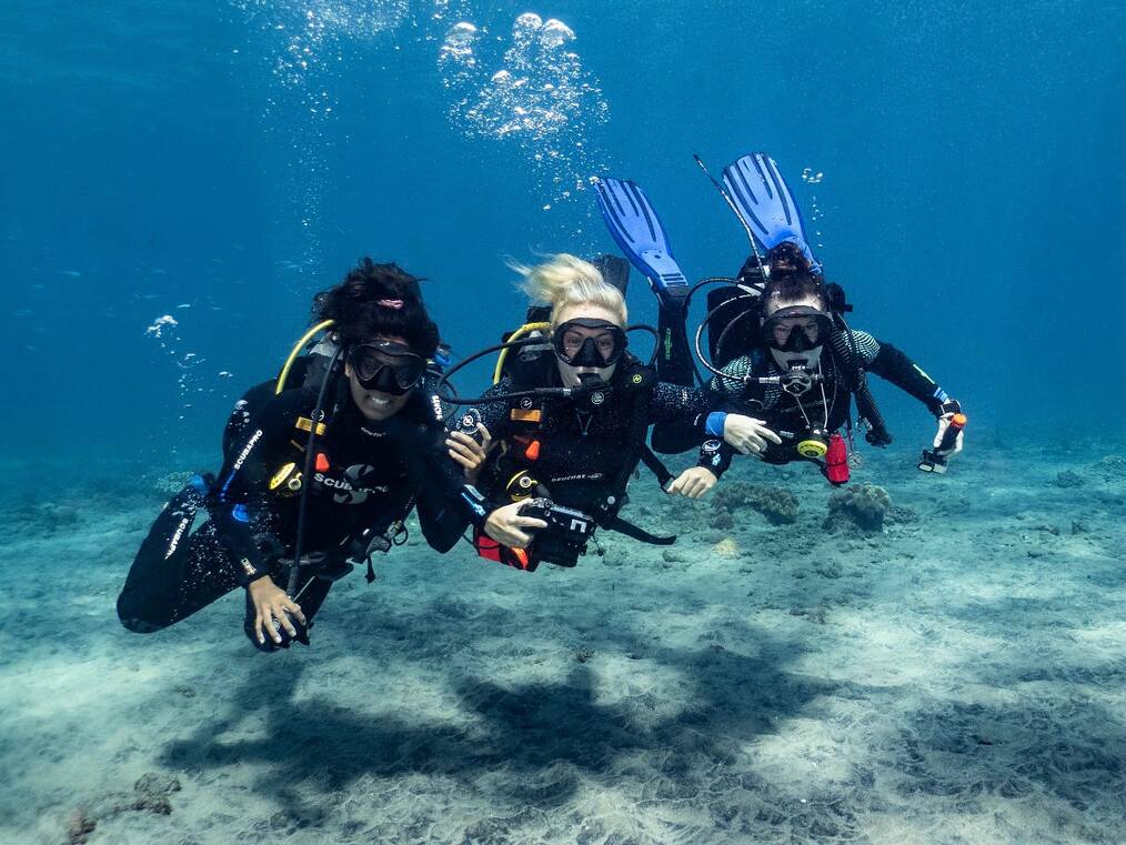 Three people in scuba gear photographed underwater.