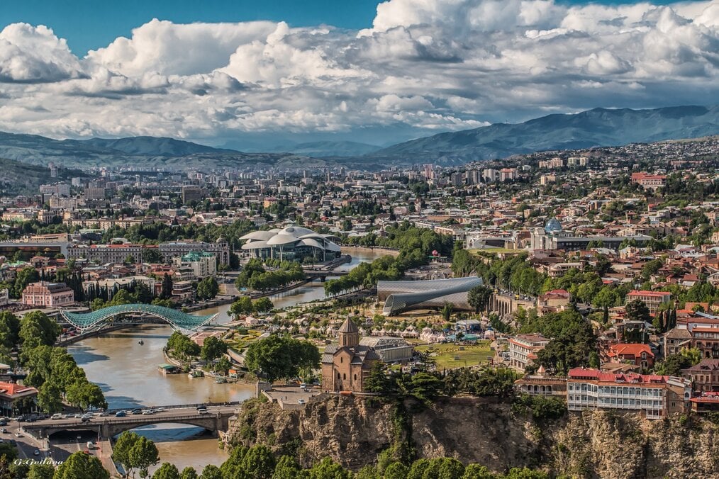 A drone view of the city of Tbilisi, Georgia.