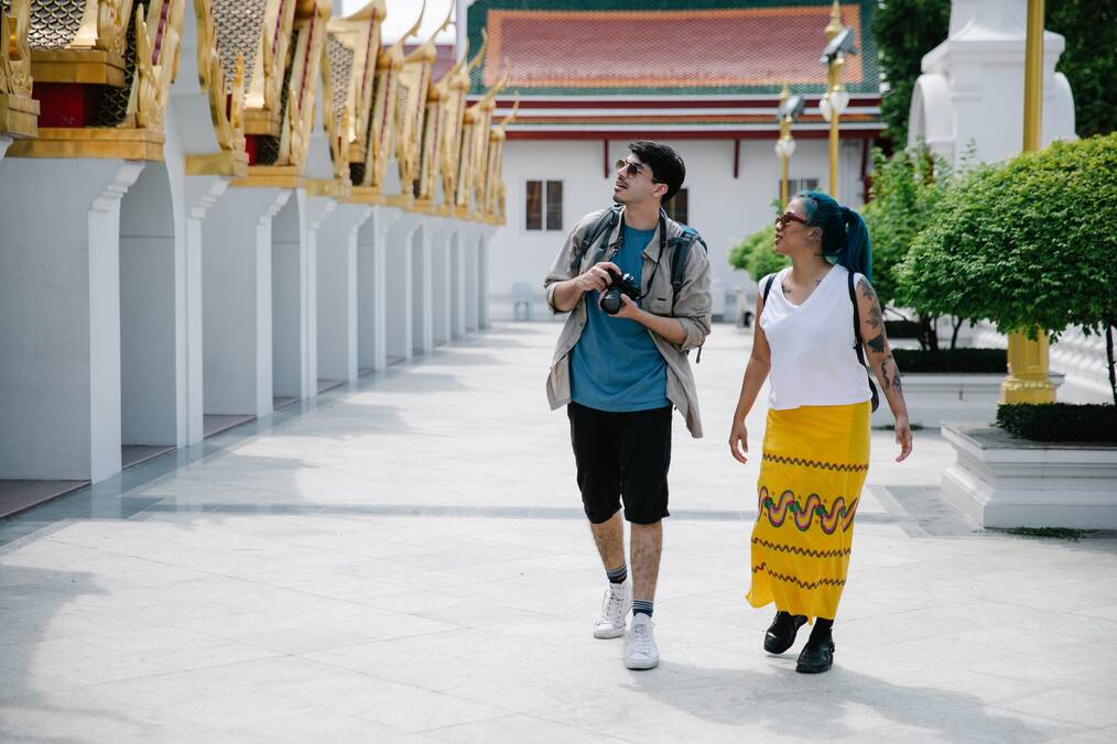 2 Travelers walking around with a camera