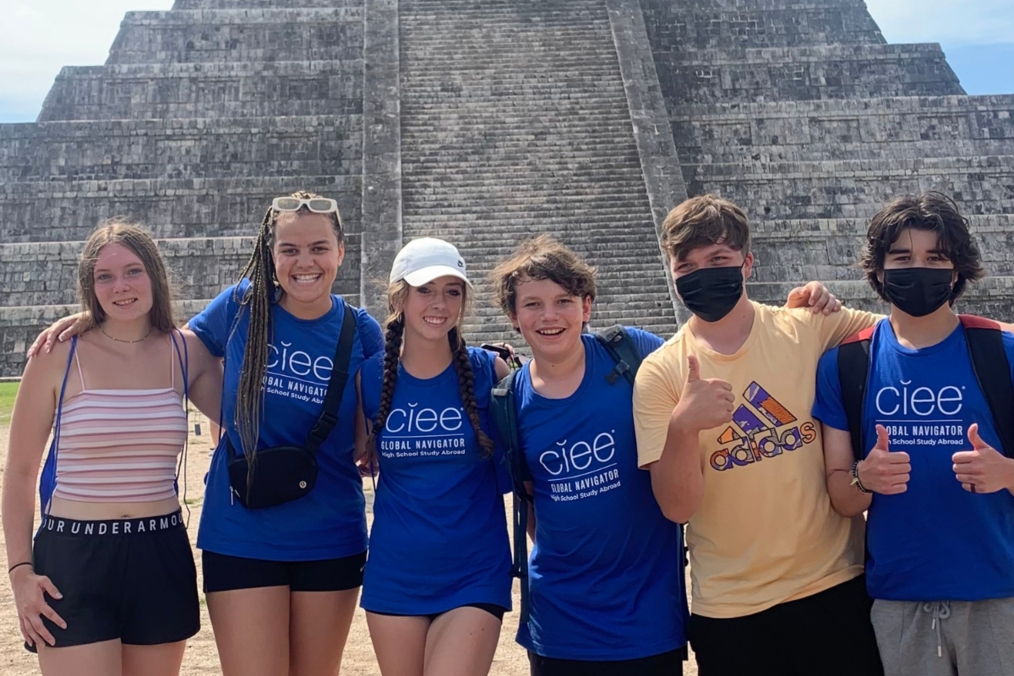 Jude Crawford, CIEE College, Study Abroad in Yucatán, Mexico alum Jude Crawford with a group of CIEE students in front of Mayan ruins