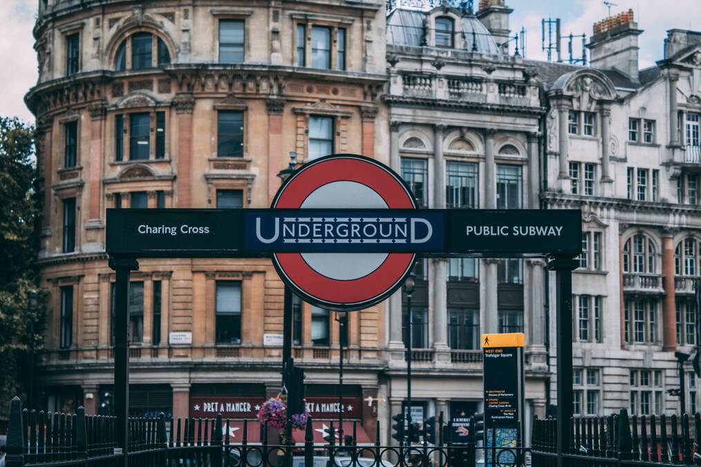 A view of the Charing Cross underground sign in London.