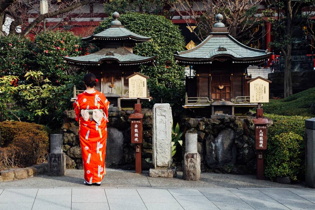 A woman in a kimono stands with her back to the camera.