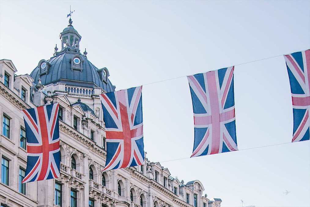 English flags hung along a wire in London