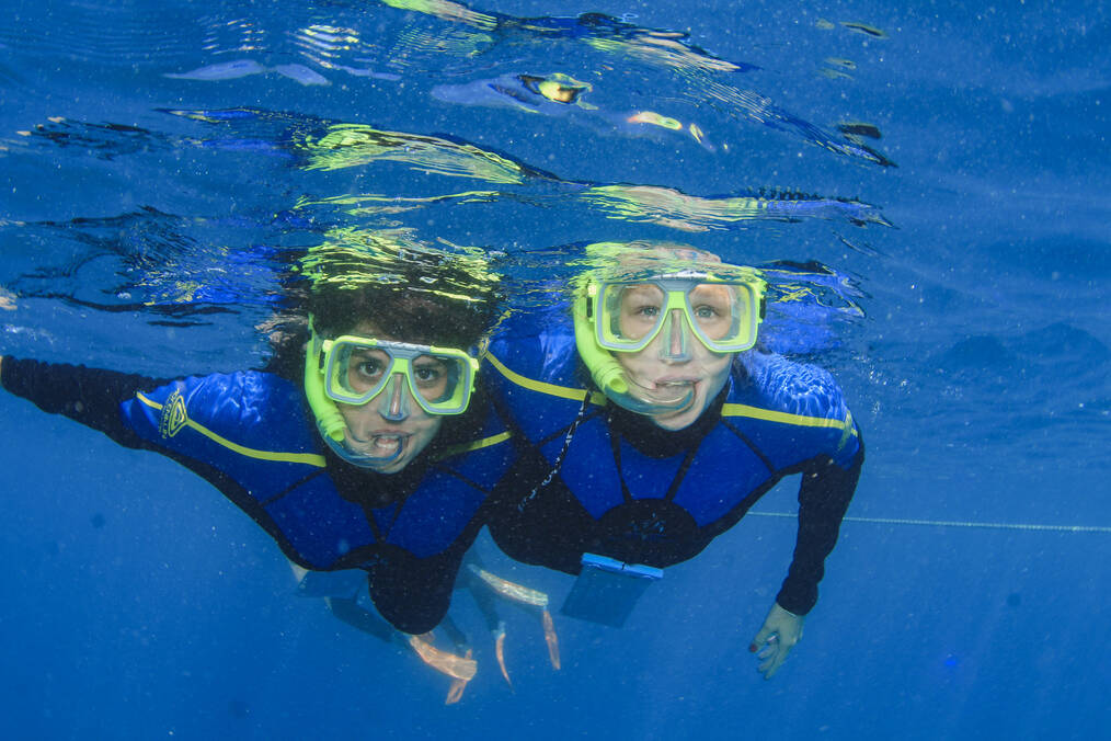 Two travelers snorkeling under water