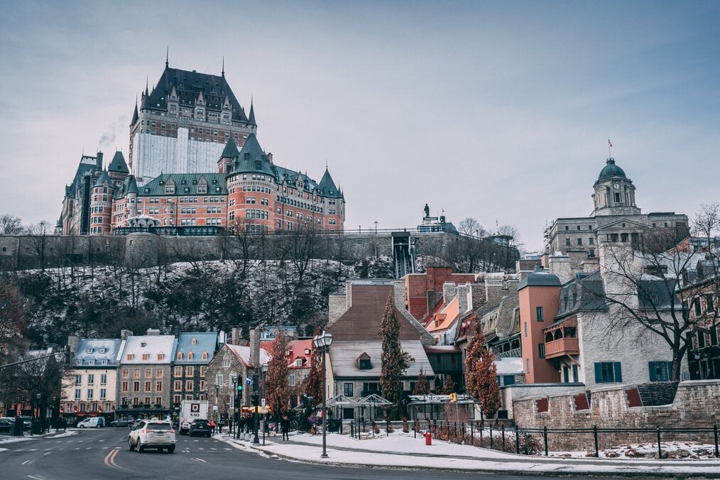 A light snow covers buildings in Quebec City.