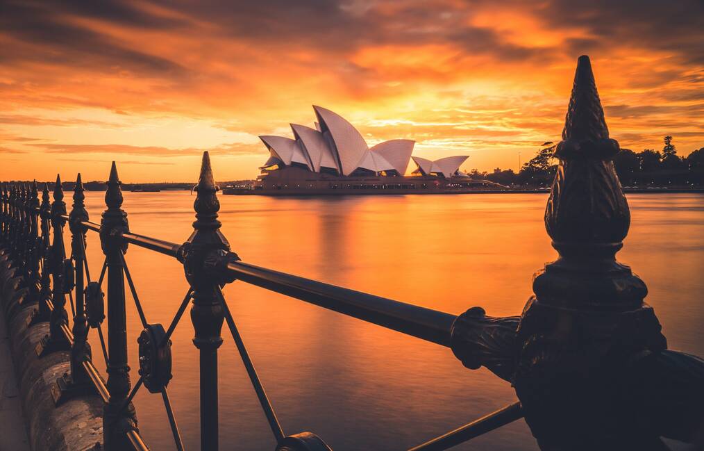 The Sydney Opera House at sunset.