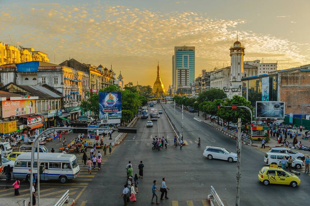 A view of a busy street in Myanmar.