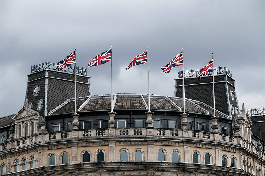Building with UK flags