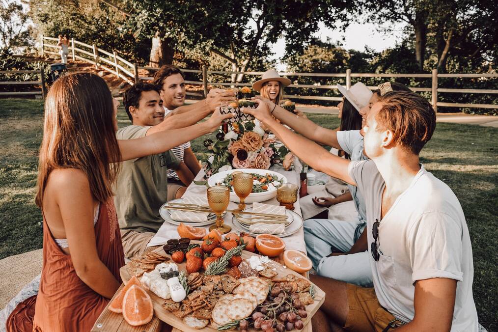 People at an outdoor picnic table toast their glasses.