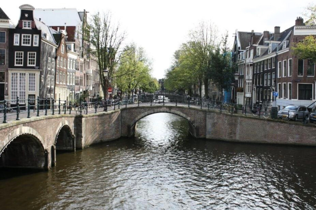 A view of a canal in Amsterdam.