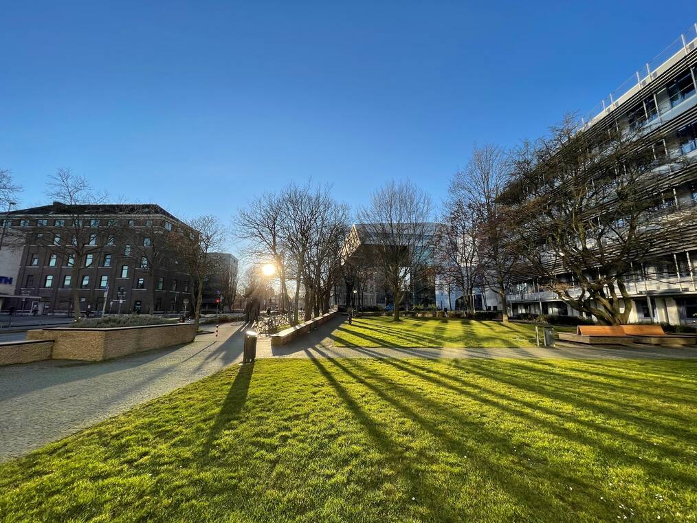 Blue skies over the Aachen University campus in Germany.