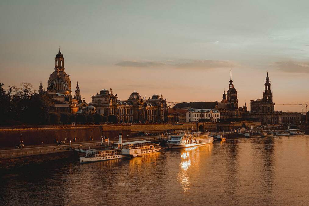 A view of Dresden from the river at sunset.