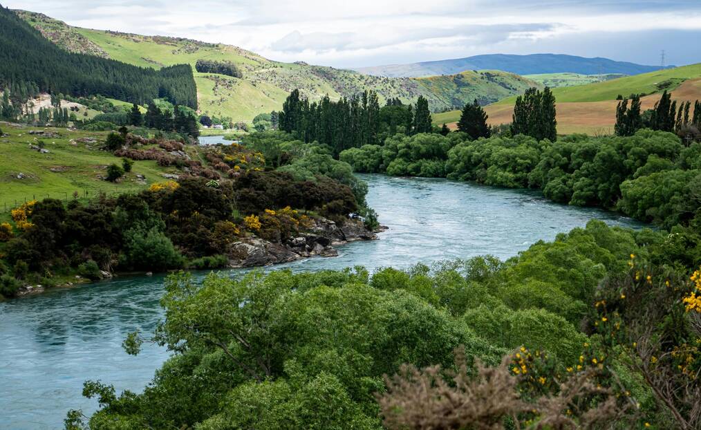 River flowing through forest of trees and green hills