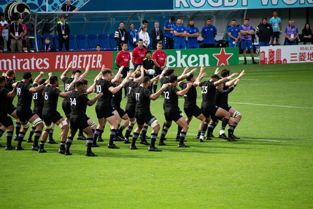 All Blacks rugby team doing pre-match haka.