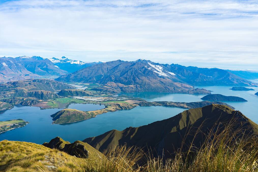A bird's eye view of mountains and lakes in New Zealand.