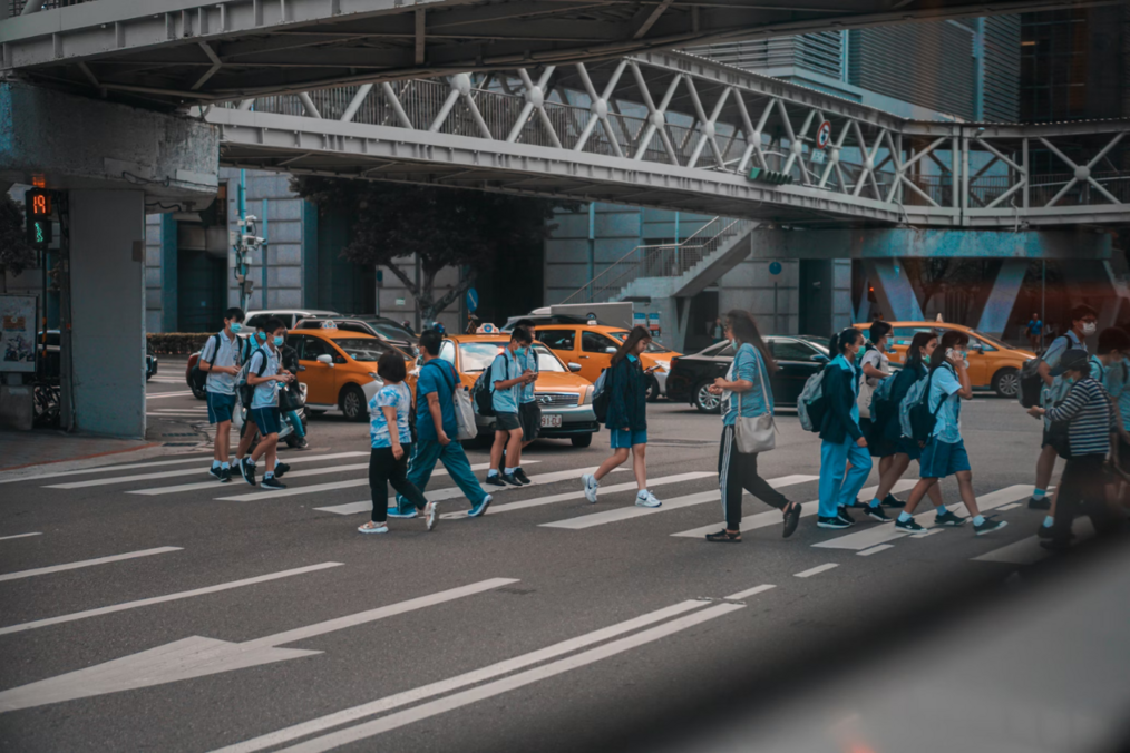 Students crossing the road in Taipei Students crossing the road in Taipei