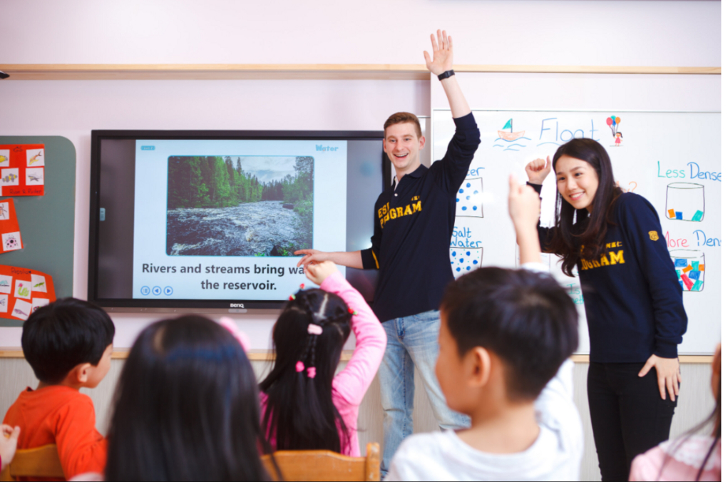 Foreign teacher and teaching assistant leading a classroom in Taiwan