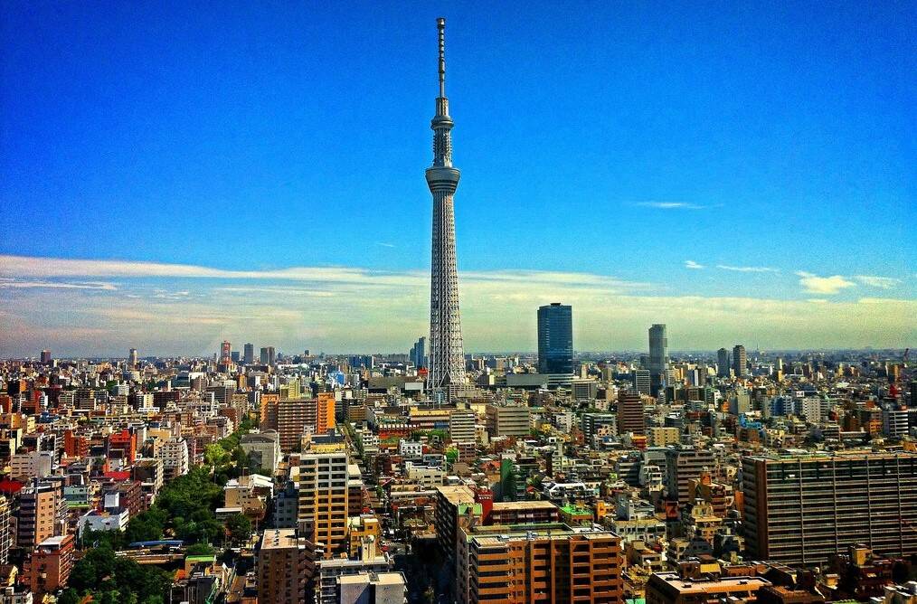 A drone view over the city of Tokyo.