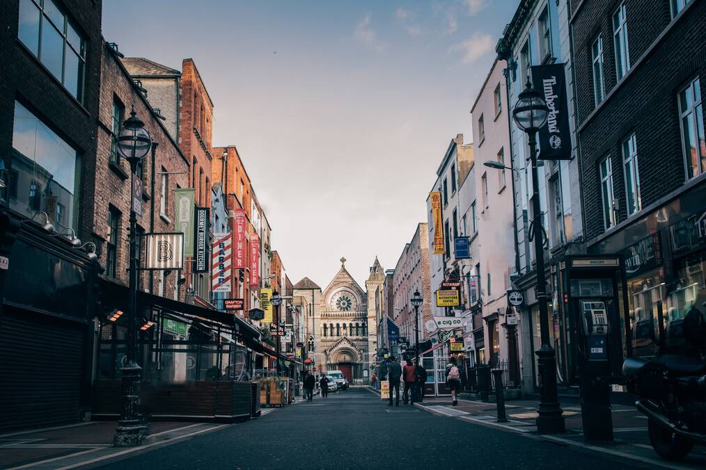 An empty shopping street in Dublin.