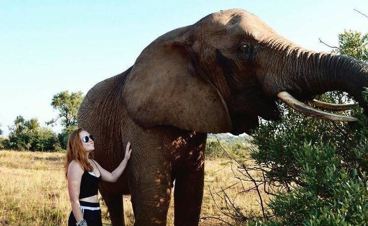 A woman stands with an elephant.