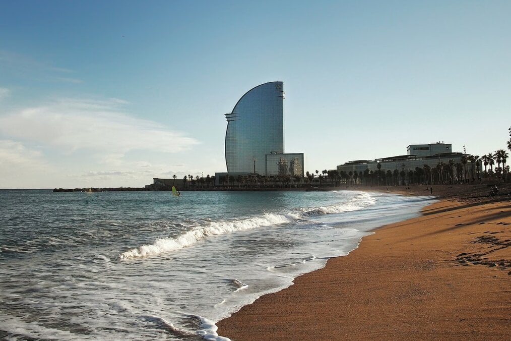Barcelona coastline Beach and modern building in Barcelona, Spain